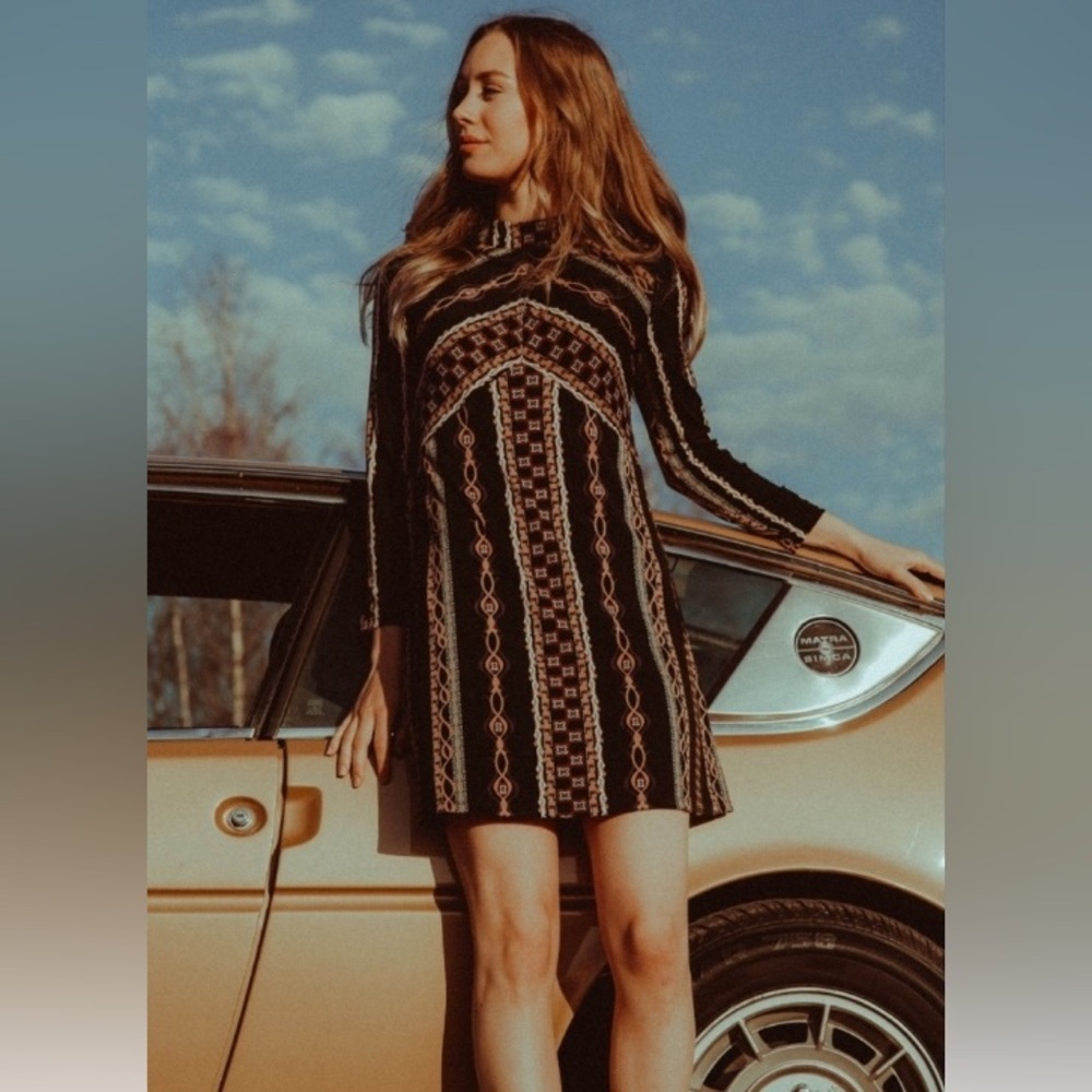 Free People Stella Mini Dress Small Graphic Retro Print Funky Long Sleeve NWT - Picture 12 of 13